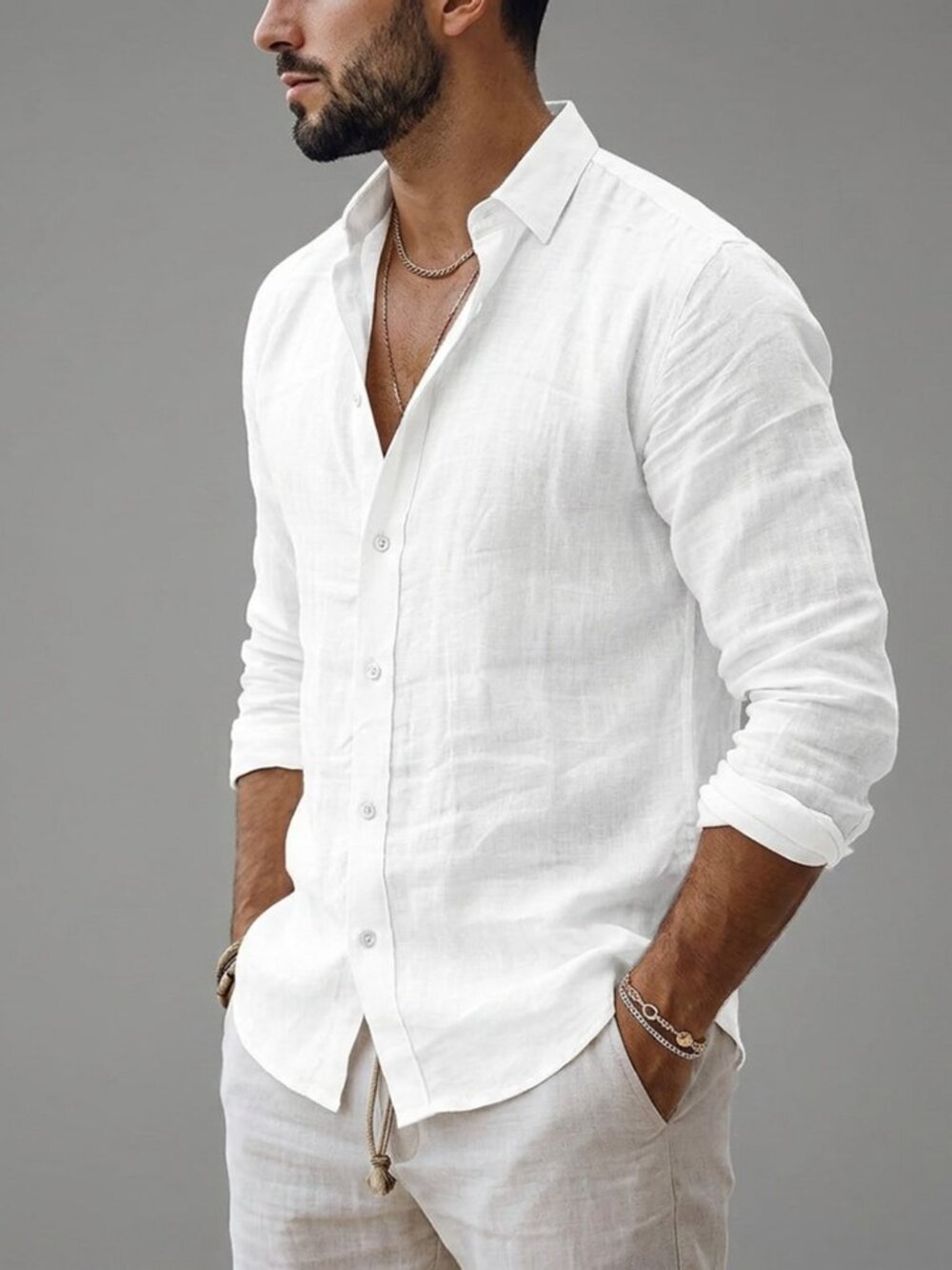 Men's Casual Button Down Cotton & Linen Shirt - Picture 1 of 3